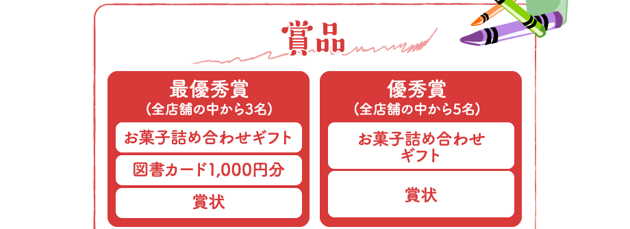 賞品｜最優秀賞(全店舗の中から3名)お菓子詰め合わせギフト＋図書カード1,000円分＋賞状｜優秀賞(全店舗の中から5名)お菓子詰め合わせギフト＋賞状