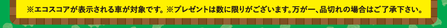 ※エコスコアが表示される車が対象です。 ※プレゼントは数に限りがございます。万が一、品切れの場合はご了承下さい。