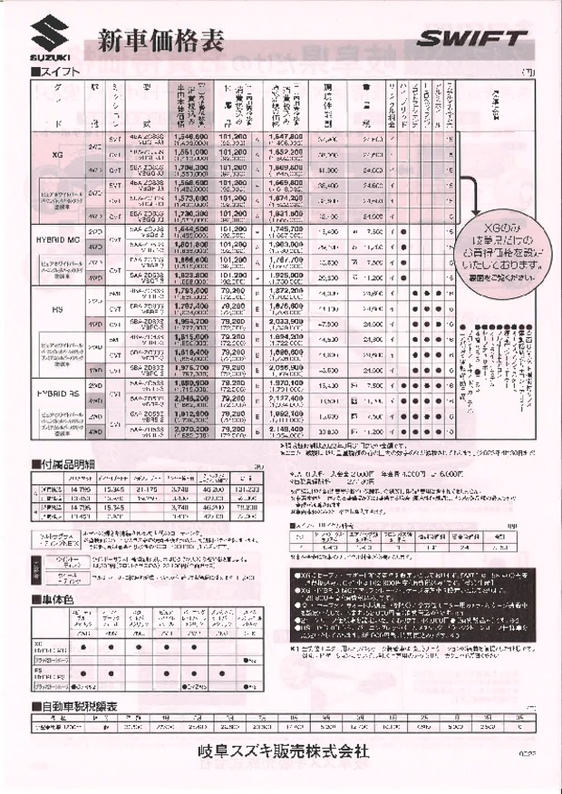 価格表　スイフトＸＧ岐阜県限定車