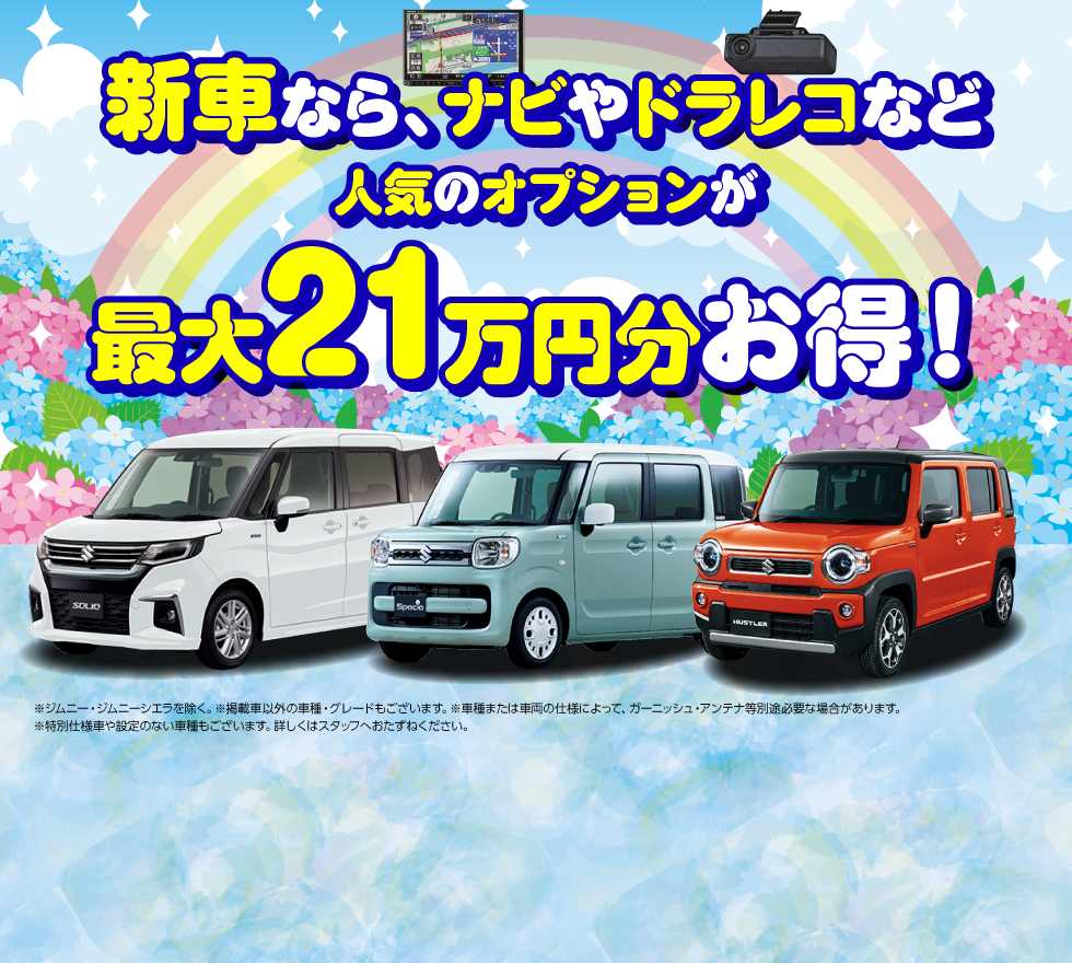 新車なら、ナビやドラレコなど人気のオプションが最大21万円分お得！