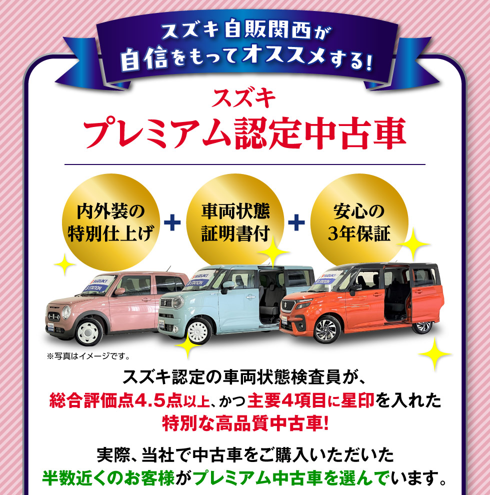 当社で中古車を購入された半数以上の人に選ばれている『スズキプレミアム認定中古車』