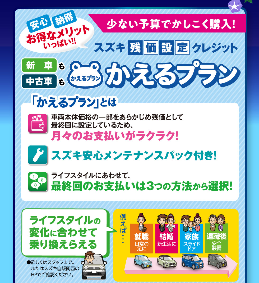 少ない予算でかしこく購入！スズキ残価設定クレジット『かえるプラン』
