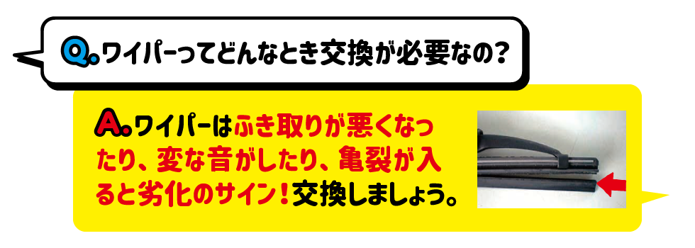 Q.ワイパーってどんなとき交換が必要なの？A.ワイパーはふき取りが悪くなったり、変な音がしたり、亀裂が入ると劣化のサイン！交換しましよう。