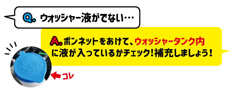 Q.ウォッシャー液がでない…A.ボンネットをあけて、ウォッシャータンク内に駅が入っているかチェック！補充しましよう！