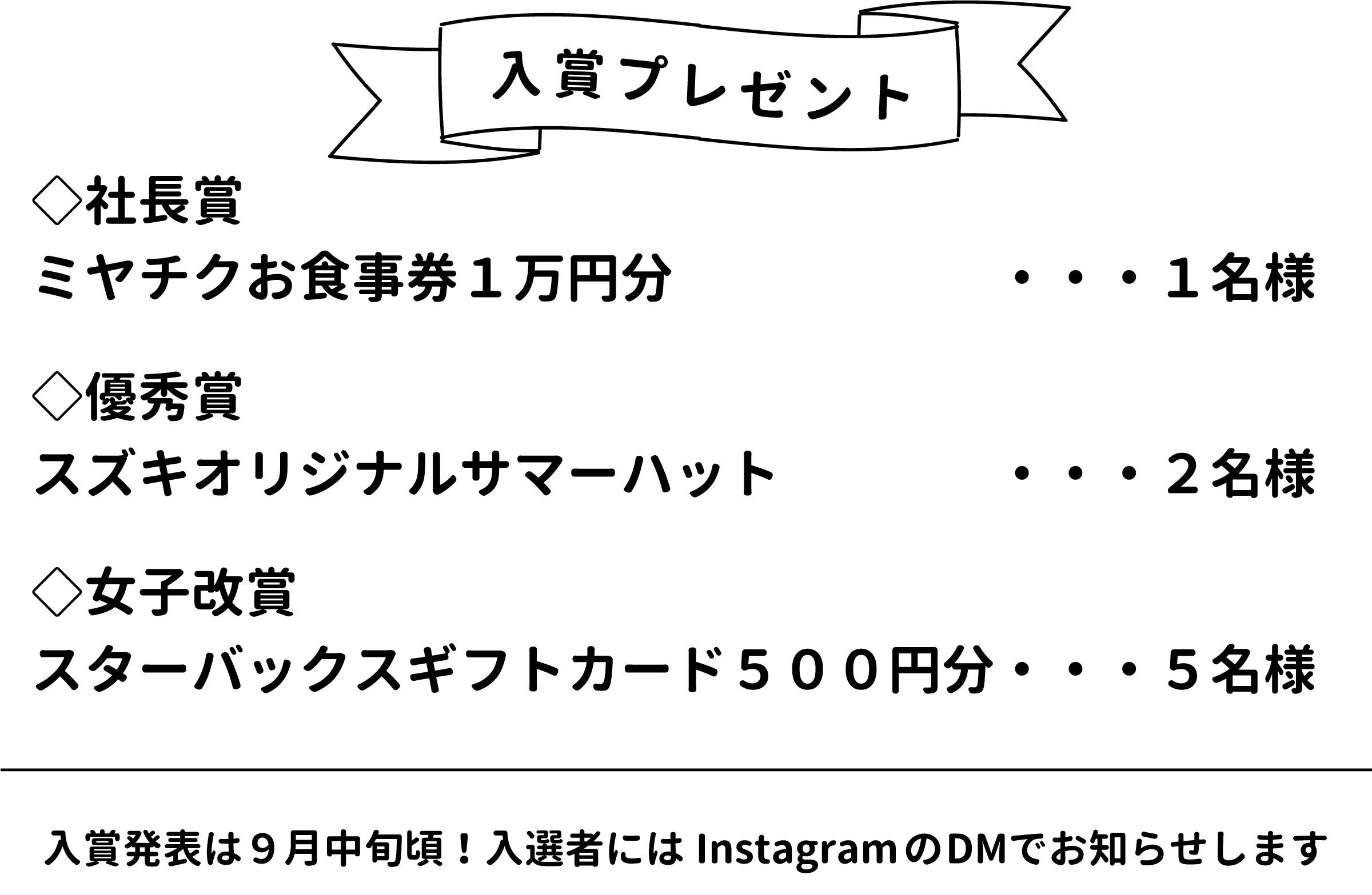 入賞プレゼント｜◇社長賞　ミヤチクお食事券1万円分：1名様、◇優秀賞　スズキオリジナルサマーハット：2名様、◇女子改賞　スターバックスギフトカード500円分：5名様｜入賞発表は9月中旬頃！入選者にはInstagramのDMでお知らせします