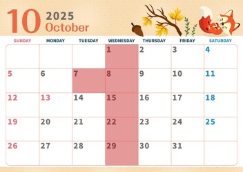 ☆10月定休日のご案内☆