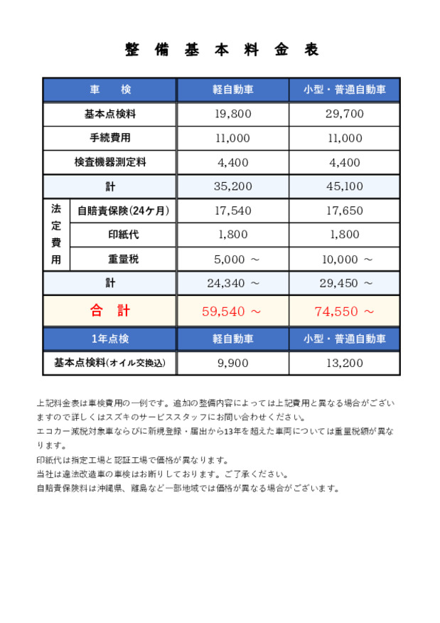 整備料金のご案内