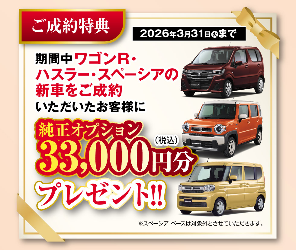 当社指定の新車ご成約で、純正オプション33,000円分プレゼント！